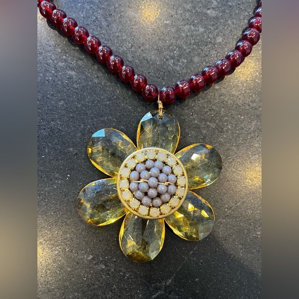 Adjustable Garnet Bead Necklace with Yellow Gold Citrine Flower Enhancer